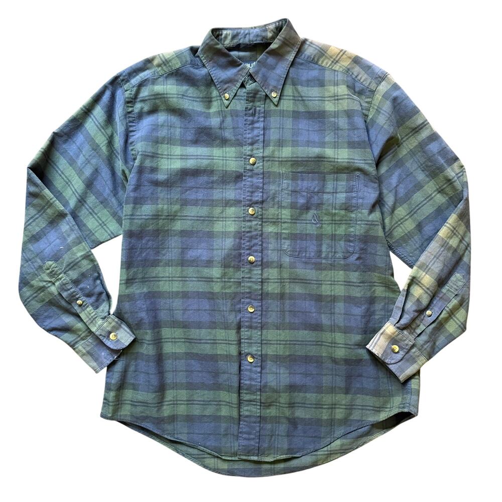 Nautica Men’s Plaid Button-Up Shirt M 100% Cotton Blue Green
